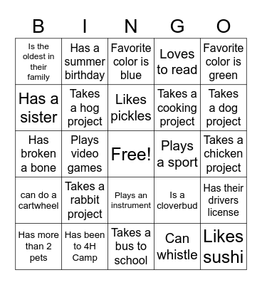 4H Bingo Card