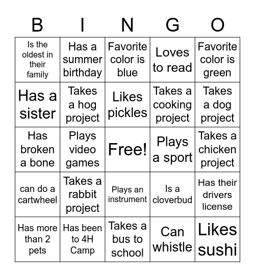 4H Bingo Card