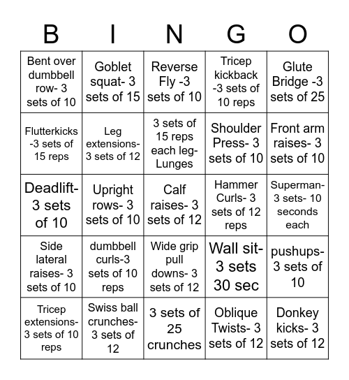 Fit for Fun Bingo Card
