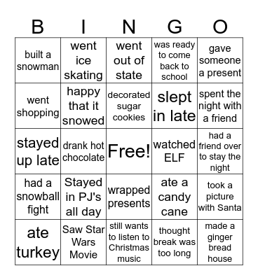 Winter Break Bingo Card