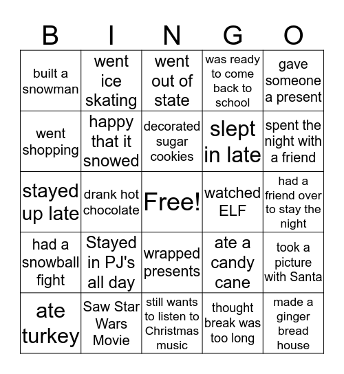 Winter Break Bingo Card