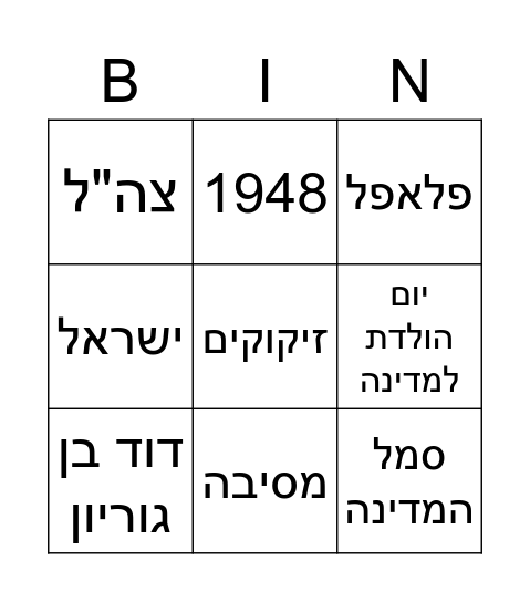 בינגו יום העצמאות Bingo Card