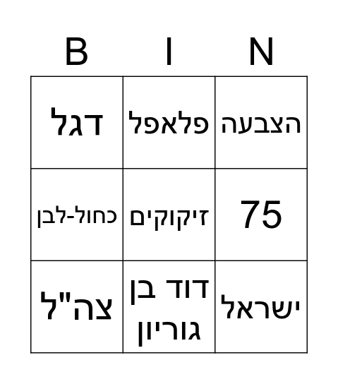 בינגו יום העצמאות Bingo Card