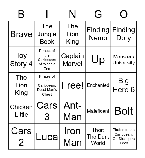 Disney Movies Bingo Card