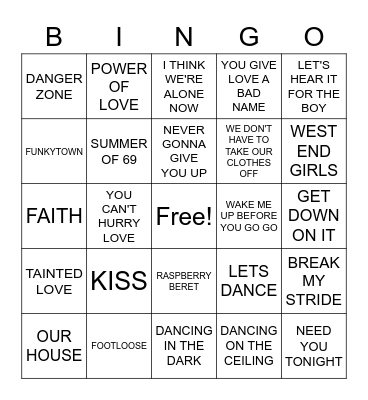 80S HITS Bingo Card