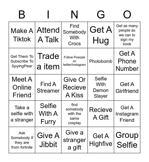 Comic Con Bingo Card