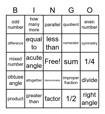 Math Vocabulary Bingo Card