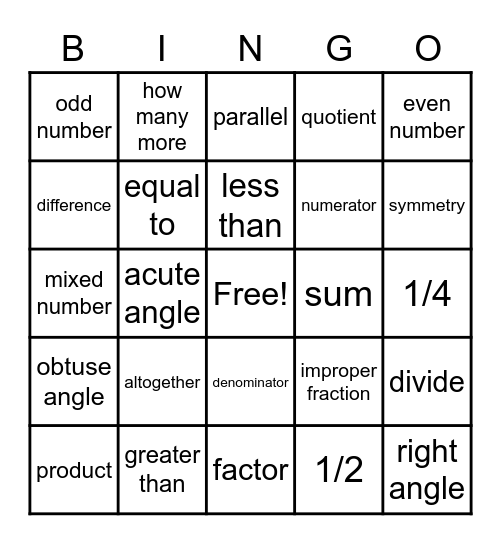 Math Vocabulary Bingo Card