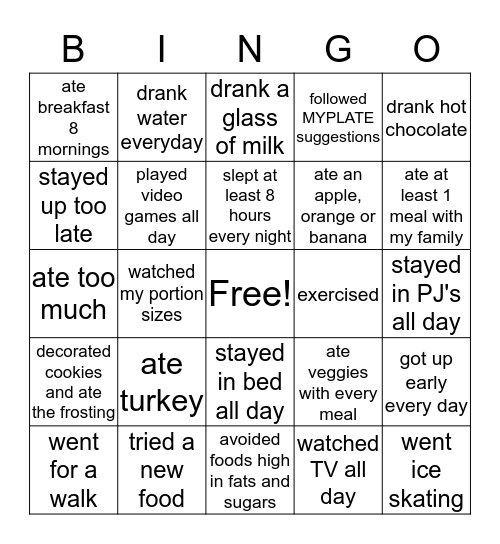 Winter Break Bingo Card