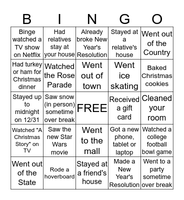 Christmas Break Bingo!  Bingo Card