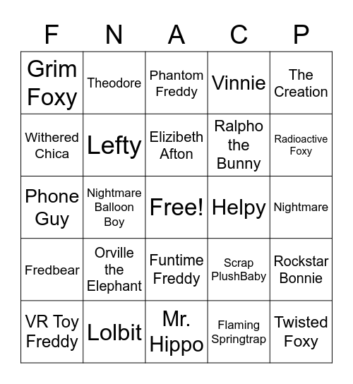 FNAF,C,P Bingo Card