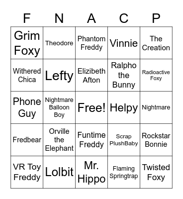 FNAF,C,P Bingo Card