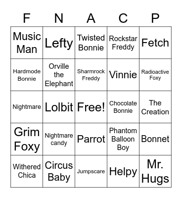 FNAF,C,P Bingo Card