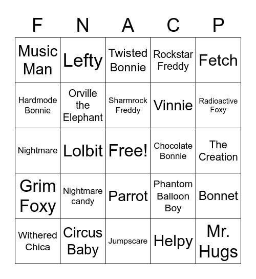 FNAF,C,P Bingo Card