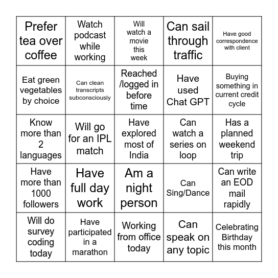 Team Activity Bingo Card