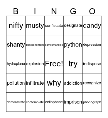 y as a vowel, syllable division, VCE Bingo Card