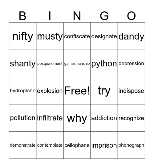 y as a vowel, syllable division, VCE Bingo Card