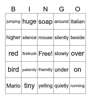 Adverb, Adjective, Noun, Verb, Preposition Bingo Card