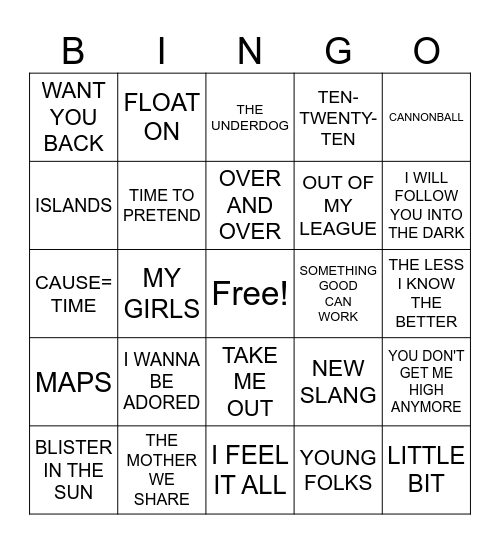 3/5- Indie Rock Bingo Card