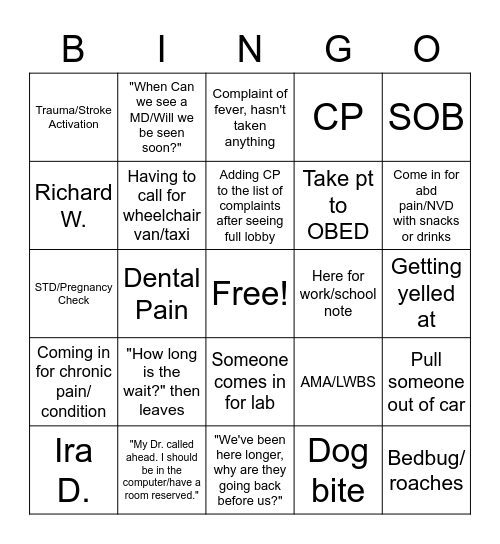 intake bingo Card
