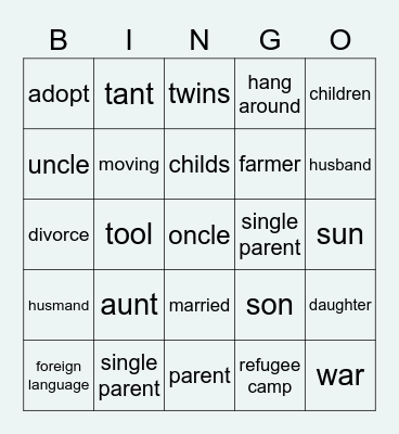 Families - Unit 12 Bingo Card