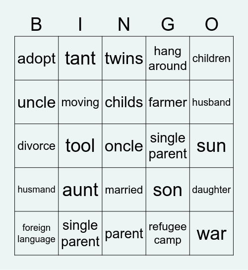 Families - Unit 12 Bingo Card