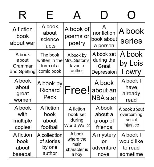 Reading Scavenger Hunt Bingo Card