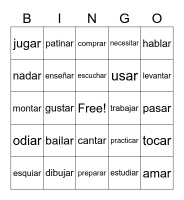 Regular AR verbs Bingo Card