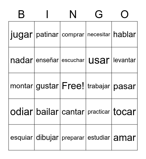 Regular AR verbs Bingo Card