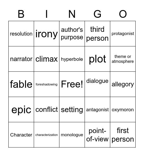 Literary Terms 5th Grade Bingo Card