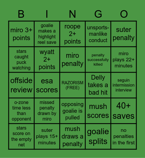 DALLAS STARS PLAYOFF BINGO Card