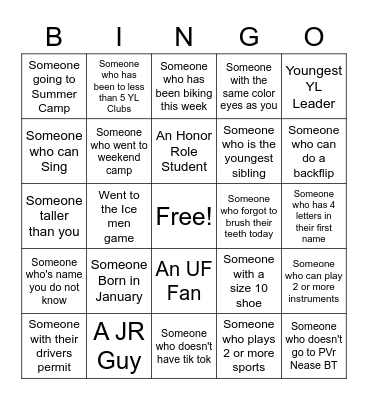 Young Life Bingo Card