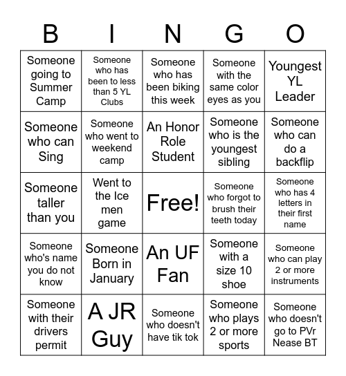 Young Life Bingo Card