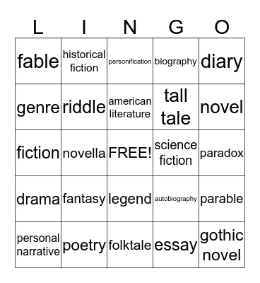 Literary Genre Bingo Card