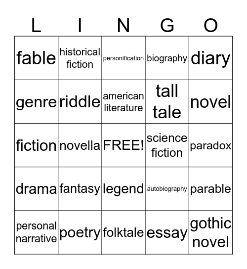 Literary Genre Bingo Card