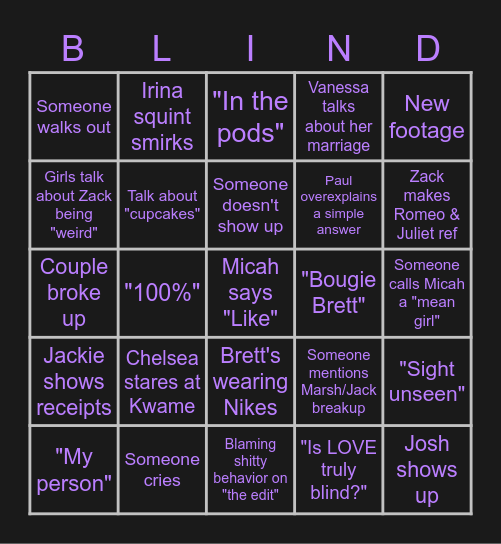 Love is Blind Reunion Bingo! Bingo Card