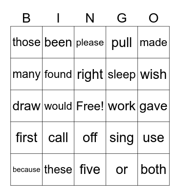 Sight Words Level 5 Bingo Card