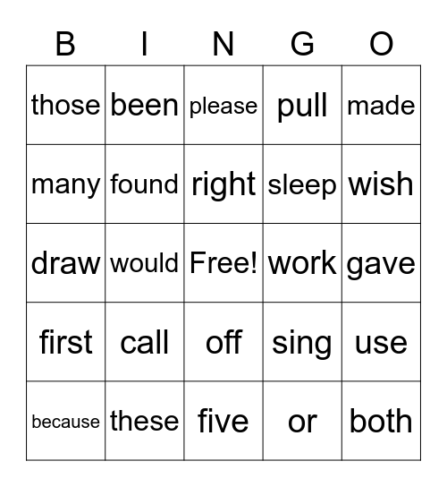 Sight Words Level 5 Bingo Card