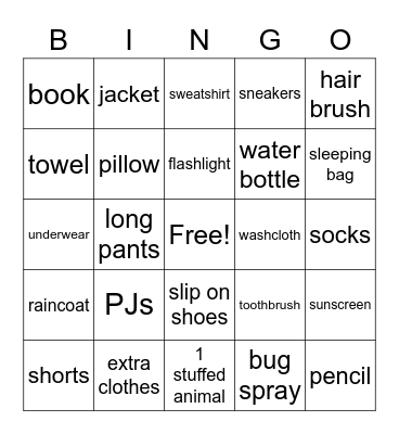 Camp Supply Bingo Card