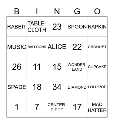 Mad Hatter's Tea Party Bingo Card