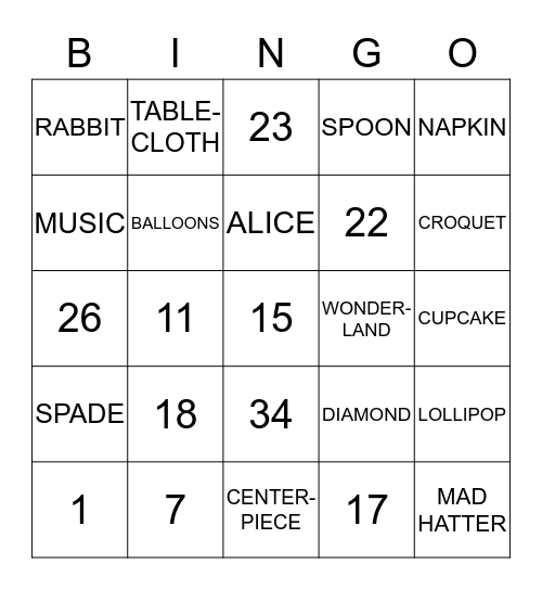 Mad Hatter's Tea Party Bingo Card