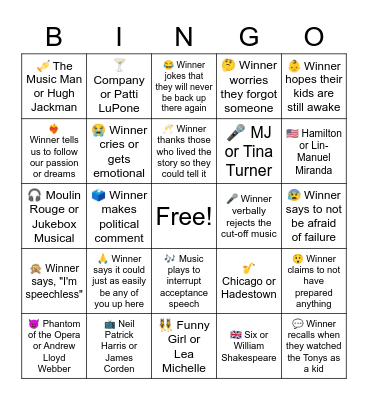ParlayBoardGame.com -- Tony Awards 2023 Bingo Card