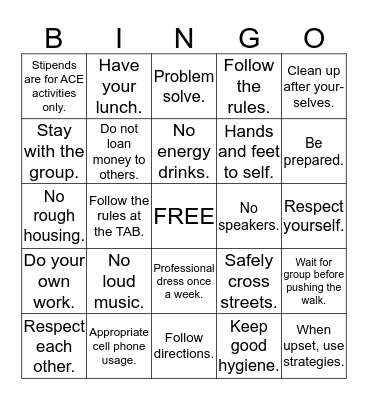 Classroom Expectations Bingo Card