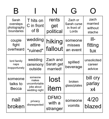 Z + S Wedding Week Bingo Card