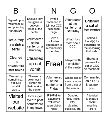 Community Cat Rescue and Adoption Volunteer Week Bingo Card