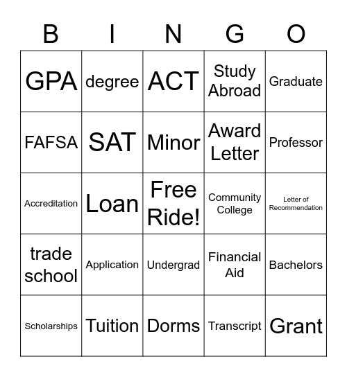 College Bingo Card