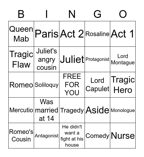 Romeo and Juliet Bingo Card