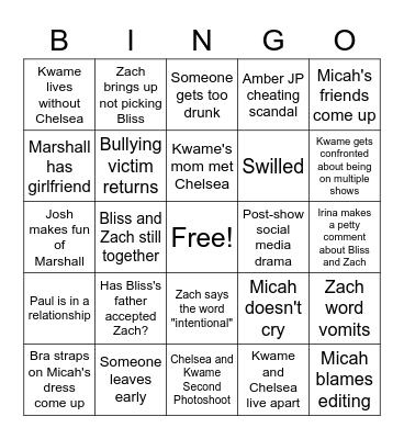Love is Blind Reunion BingoIrin Bingo Card