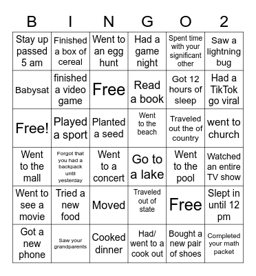 Spring Break Bingo Card