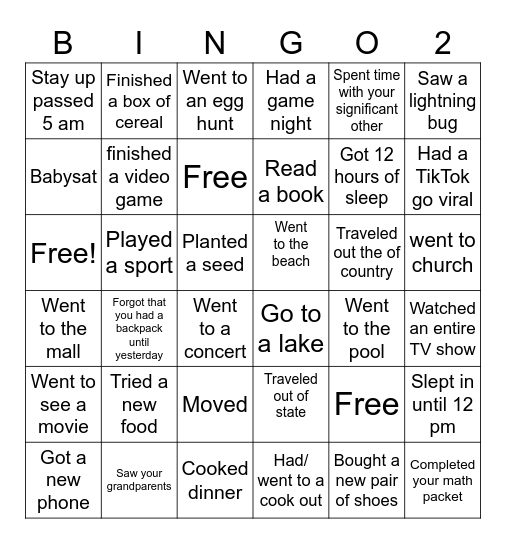 Spring Break Bingo Card